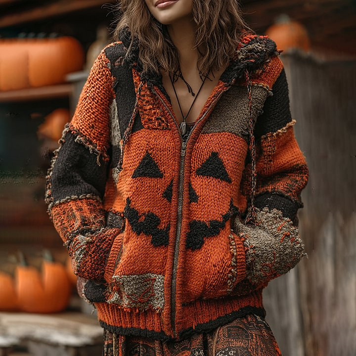 Halloween Sweater Winter Gothic Oversized Knit Cardigan Patchwork Print Knit Top